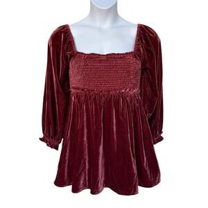 Free People Burgundy Velvet Babydoll Mini Dress w Smocked Bodice Lace Tie Back M